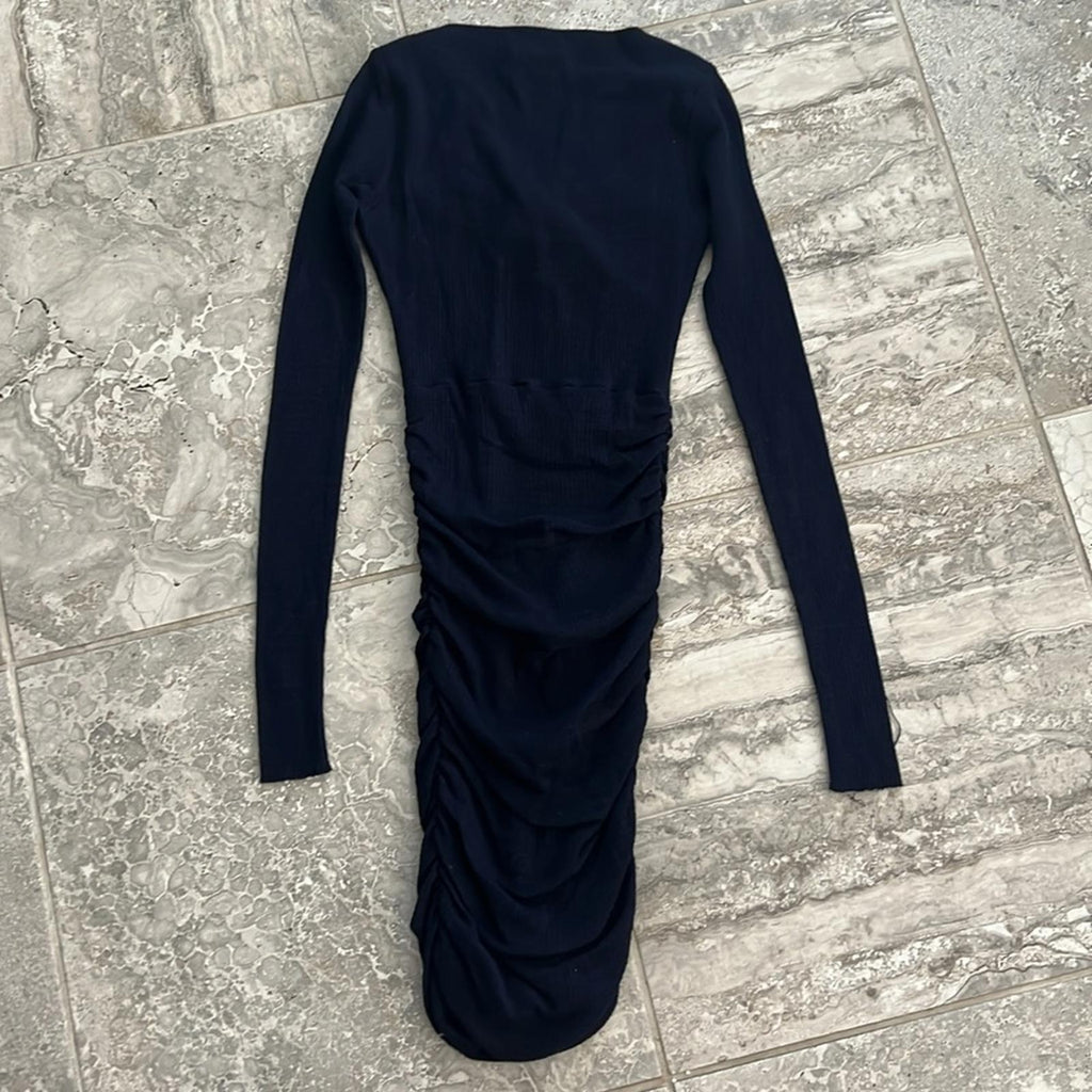 Maje Tight-Knit Long Sleeve Ruched Sweater Dress in Navy, Size 1 (S) Retail $345