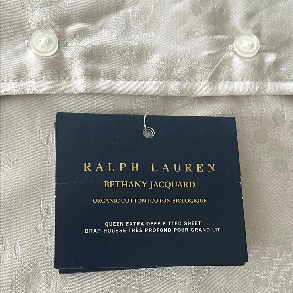 Ralph Lauren Home Bethany Jacquard Organic Cotton Queen Fitted Sheet Silver, NWT