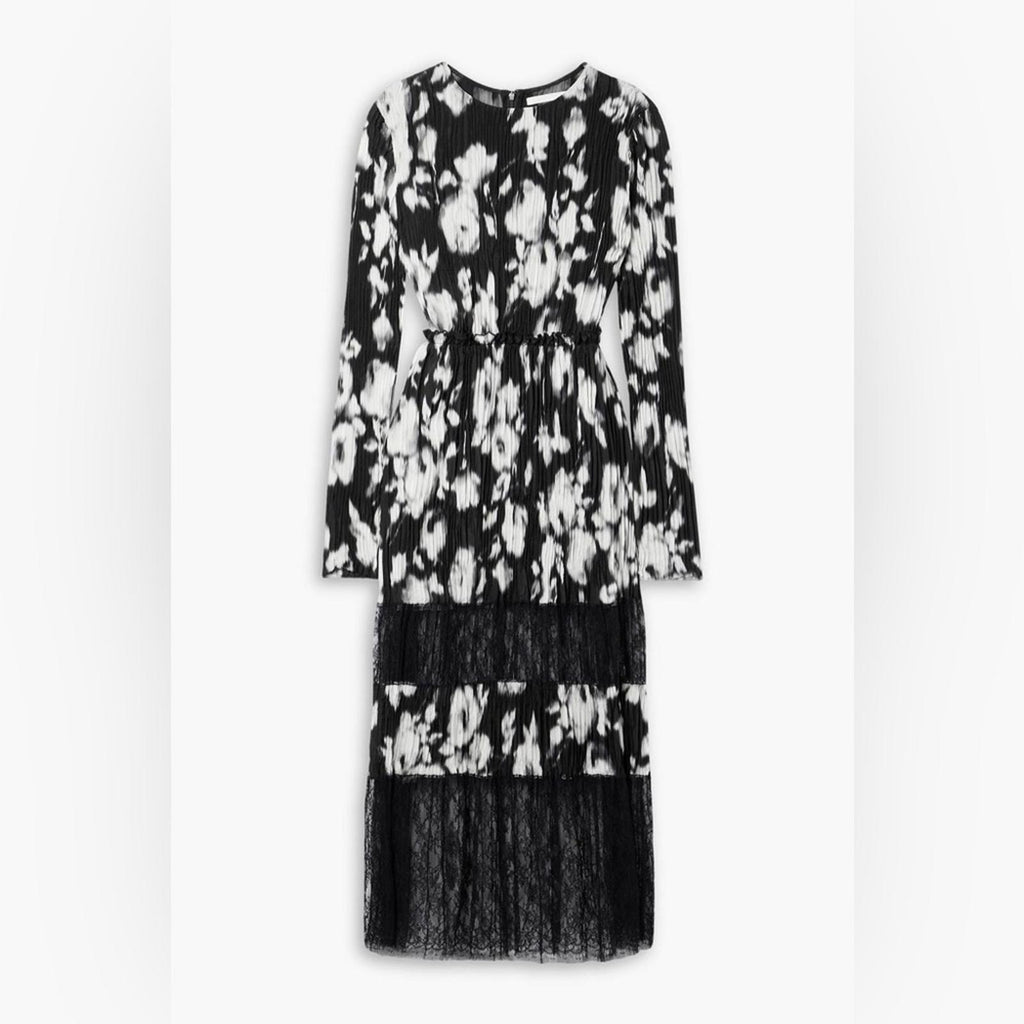 Jason Wu Collection Lace-Paneled Floral Plissé Silk-Satin Midi Dress, NWT, Size4