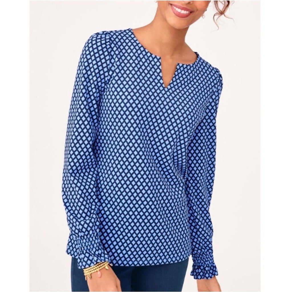 Talbots Smocked Cuff Blouse Trellis Print in Blue, Plus Size 3X NEW w/o Tag