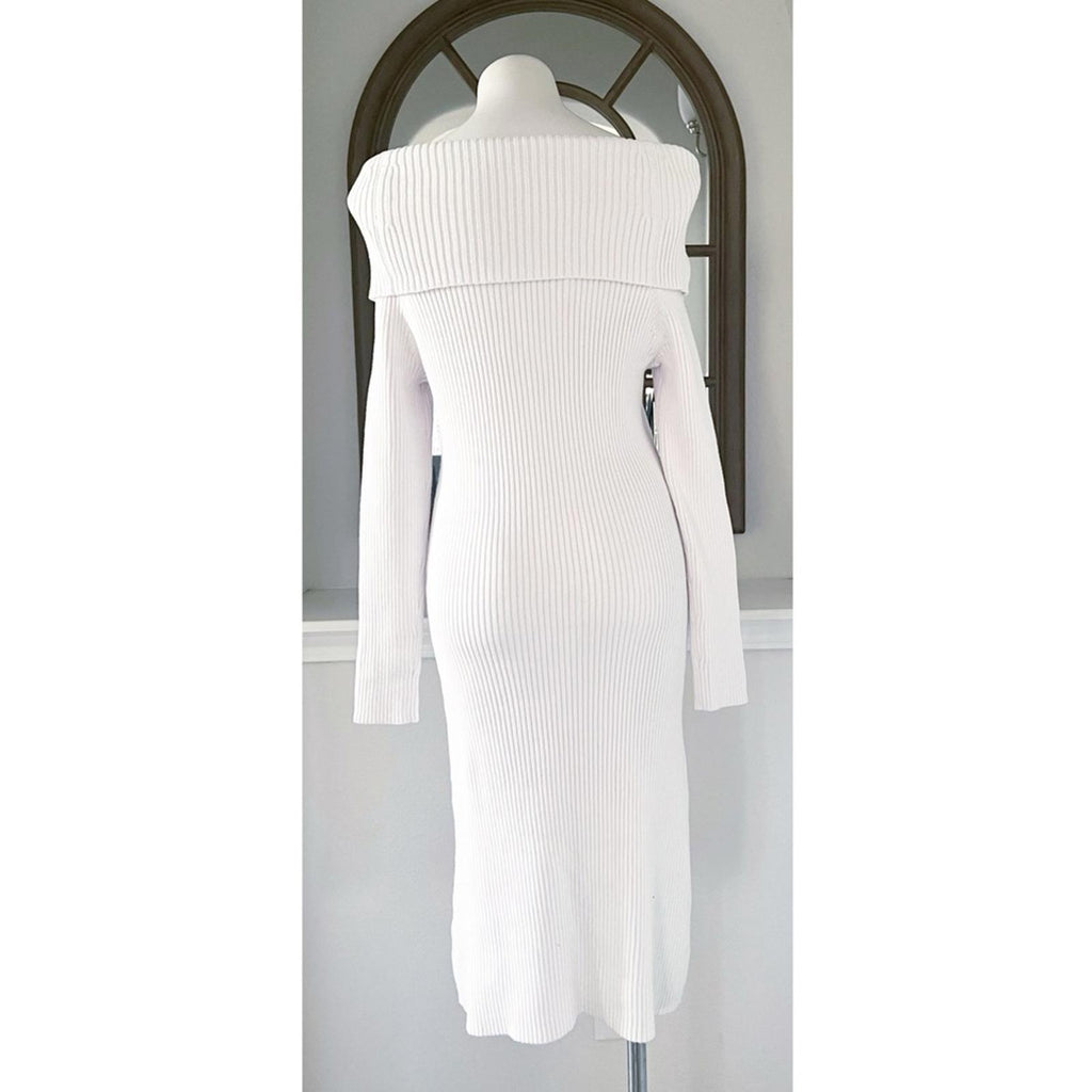 525 Off-the-Shoulder Ribbed Knit Sheath Dress in Bleach White Size XL NEW $148