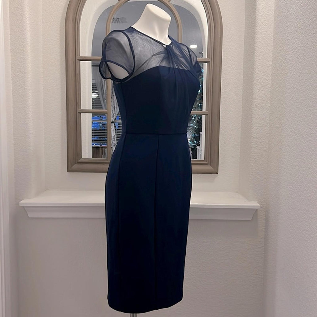JS Collection Short Sleeve Illusion Cocktail Sheath Dress Navy Size 2 NWT $178