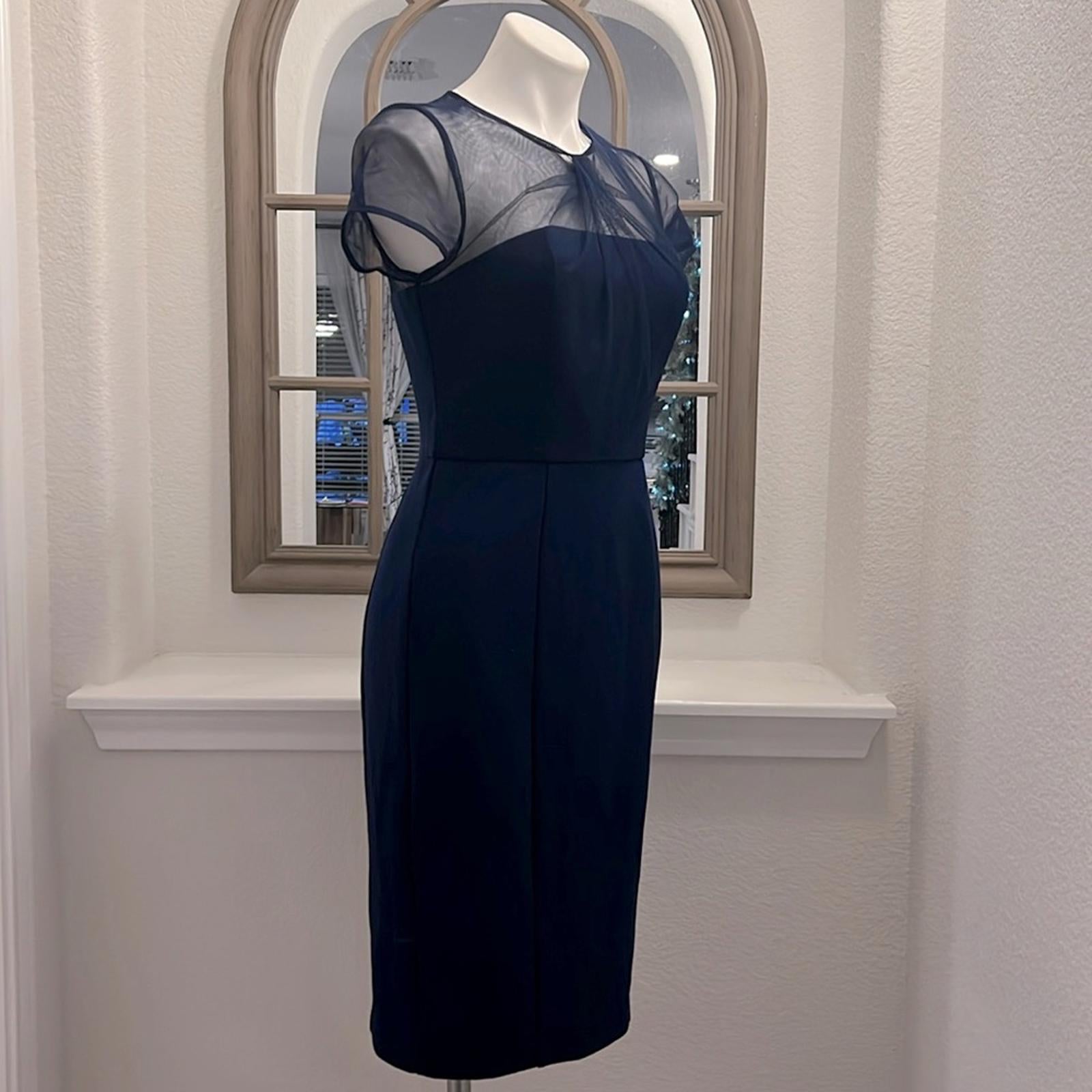 JS Collection Short Sleeve Illusion Cocktail Sheath Dress Navy Size 2 NWT $178