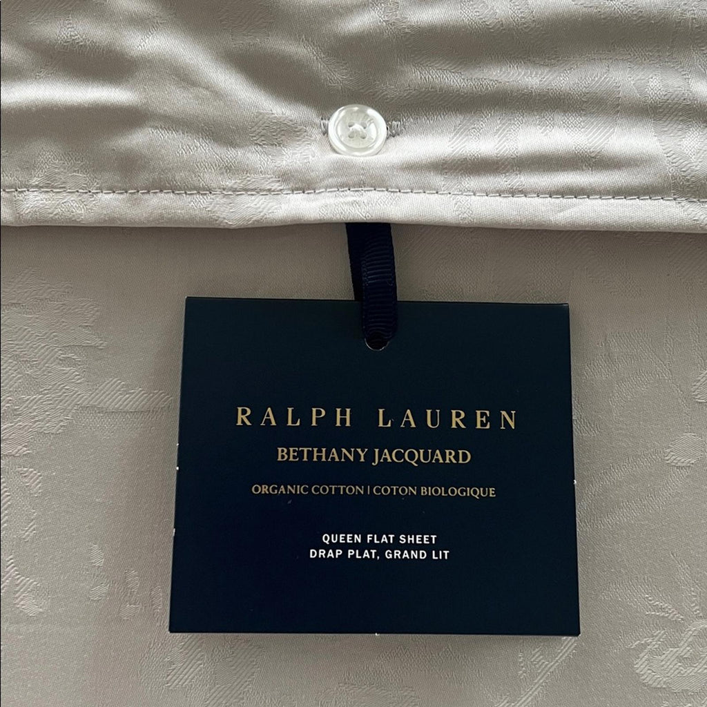 Ralph Lauren Home Organic Cotton Bethany Jacquard Silver Queen Flat Sheet, NWT