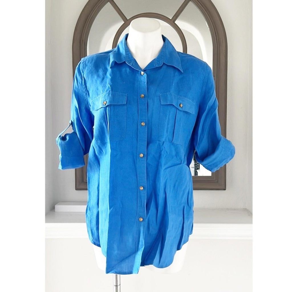 Lauren Ralph Lauren LINEN Blue Shirt Size L EXCELLENT!