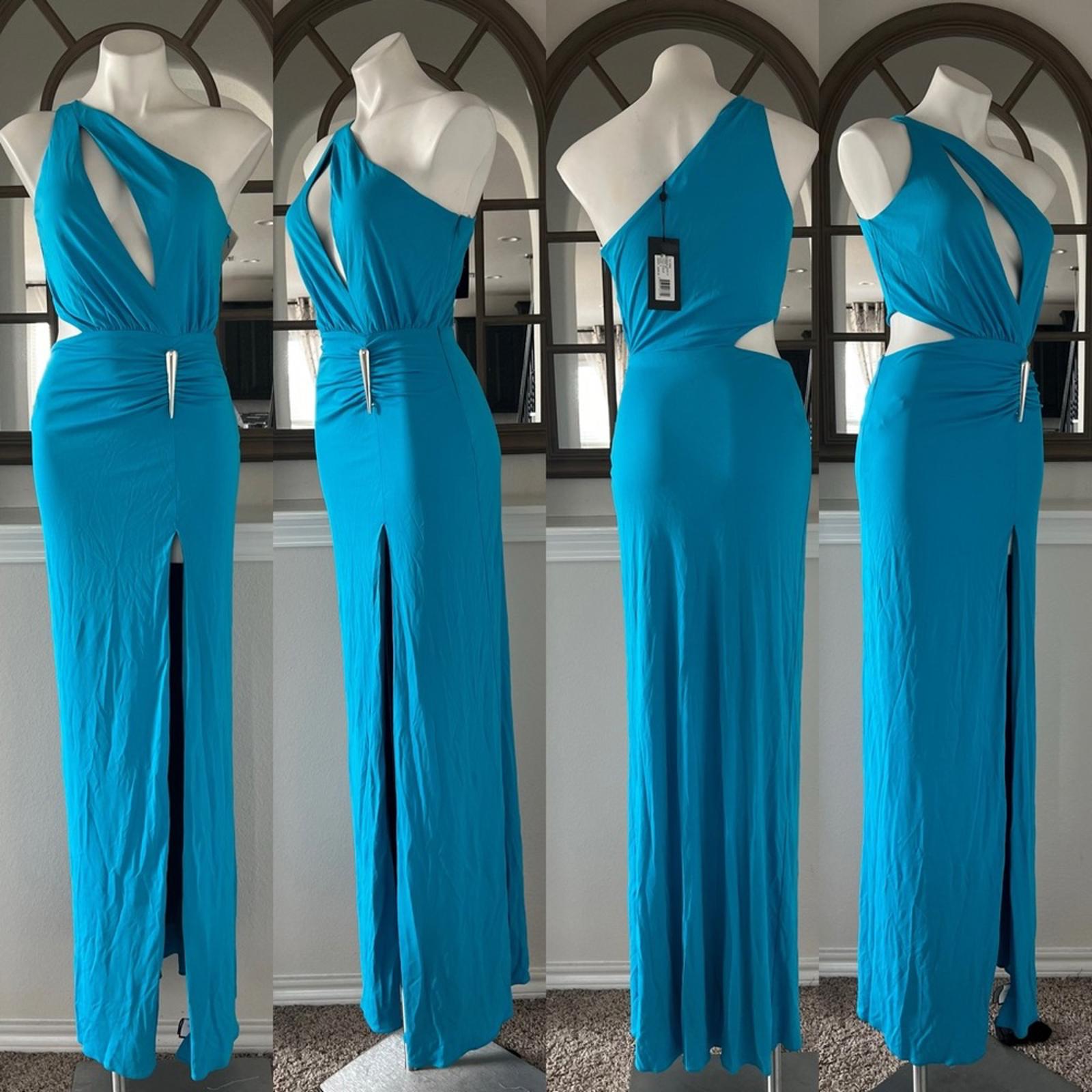 Halston Ivanna Gathered Asymmetric Cut-Out Gown, Aqua/Blue Size 4 New w/Tag