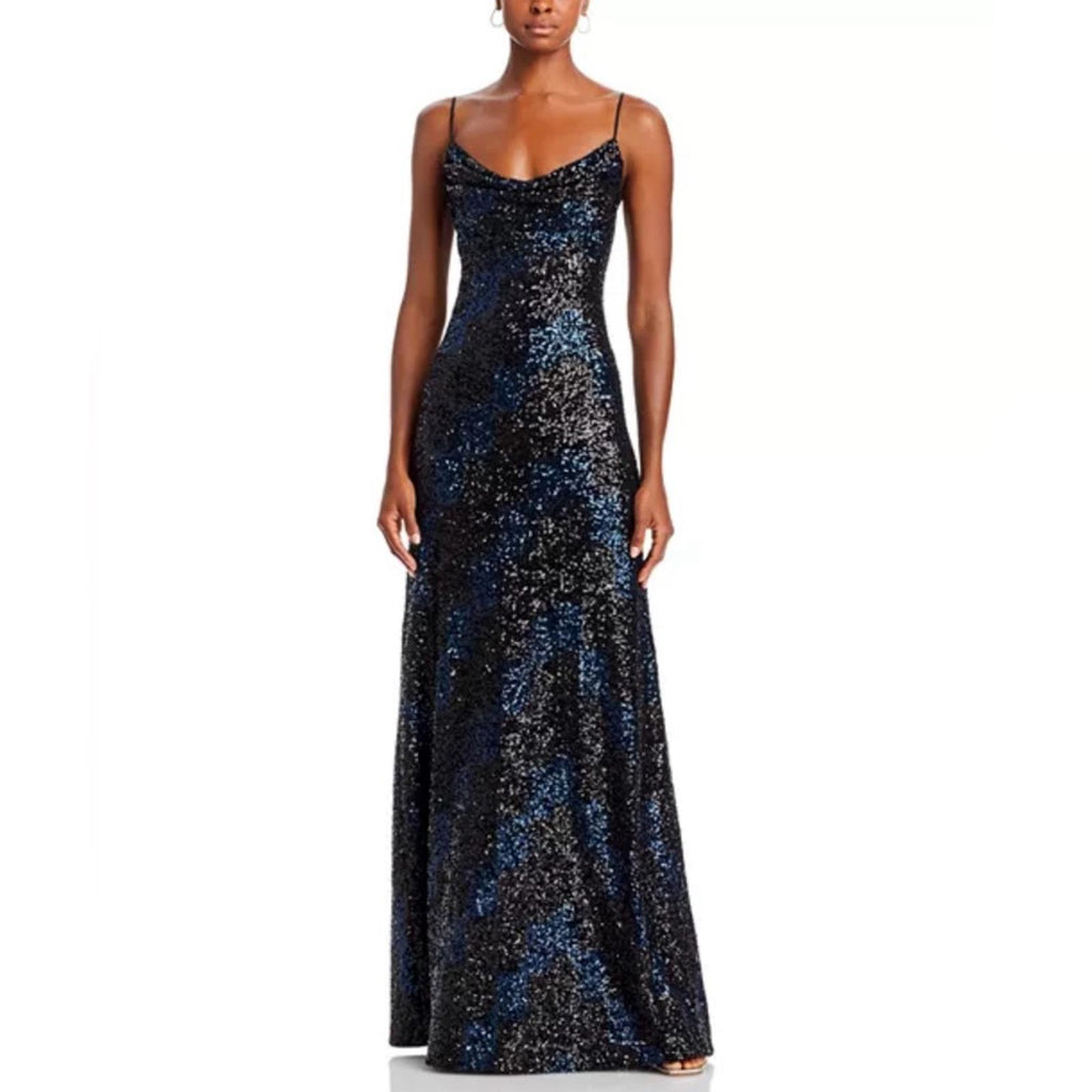 Halston Syrena Gown in Wave Sequined , Black/Navy Size 12 New w/Tag Retail $595