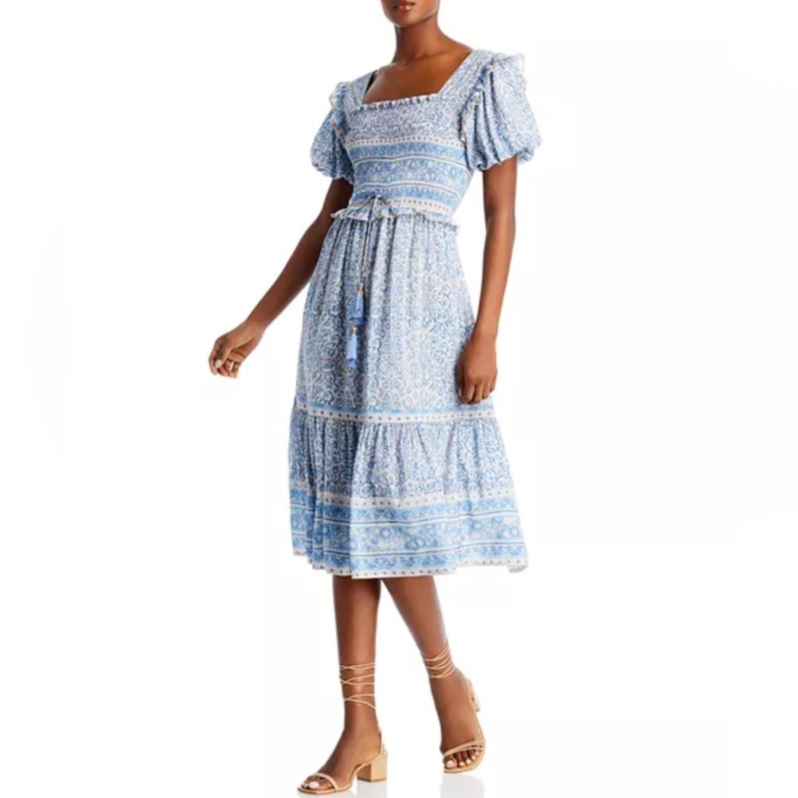 Bell Ashley Ruffled Puff Sleeve Midi Dress in Blue White, Size XL New w/Tag $408