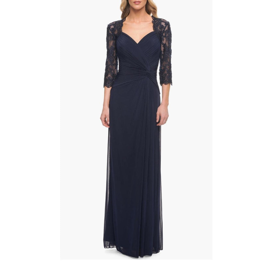 NWT La Femme Jersey Gown w/Knot Detail & Lace Sleeves, Size 4 New w/Tag $515