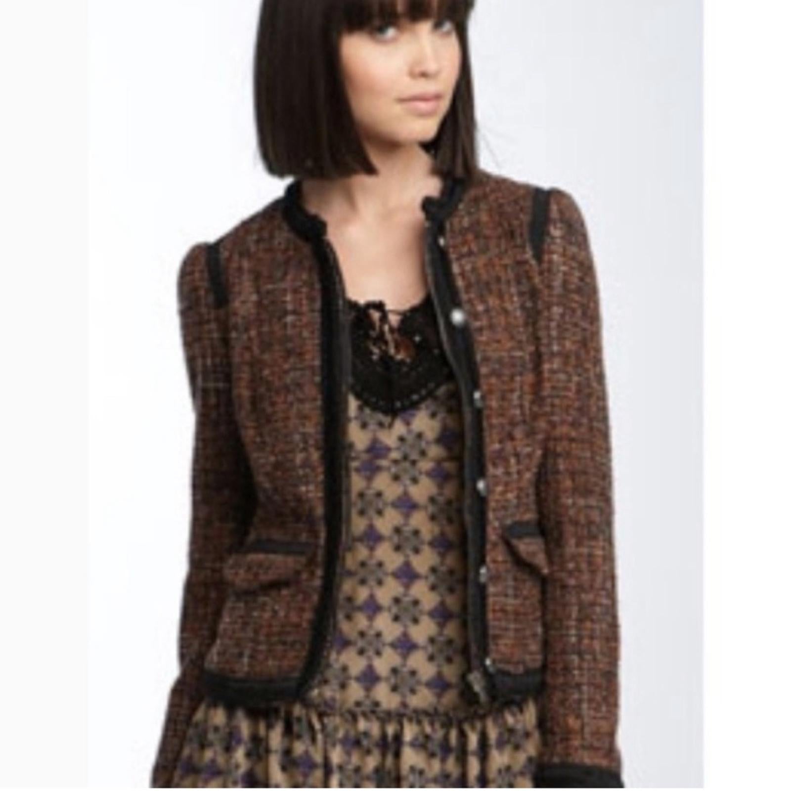 Free People Tweed Moto Jacket, Wool Brown/Purple w/Black Trim Size 4 Retail $198