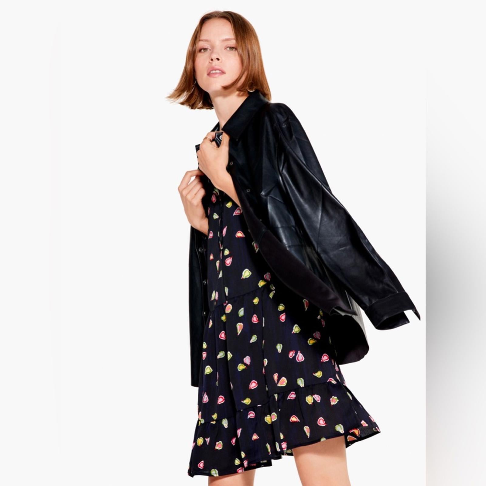 Nic+Zoe Tiered Long-Sleeve Dress w/Mandarin Collar, Black Multi, Size L NWT $188