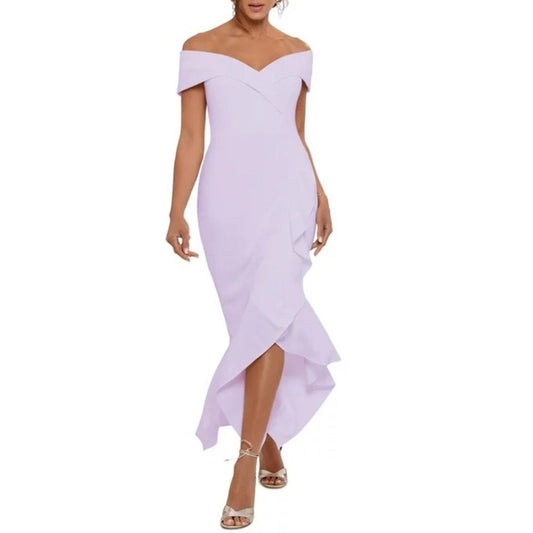 XSCAPE Lilac Ruffled Off-the-Shoulder Dress, Petite Size 10 New w/Tag $259