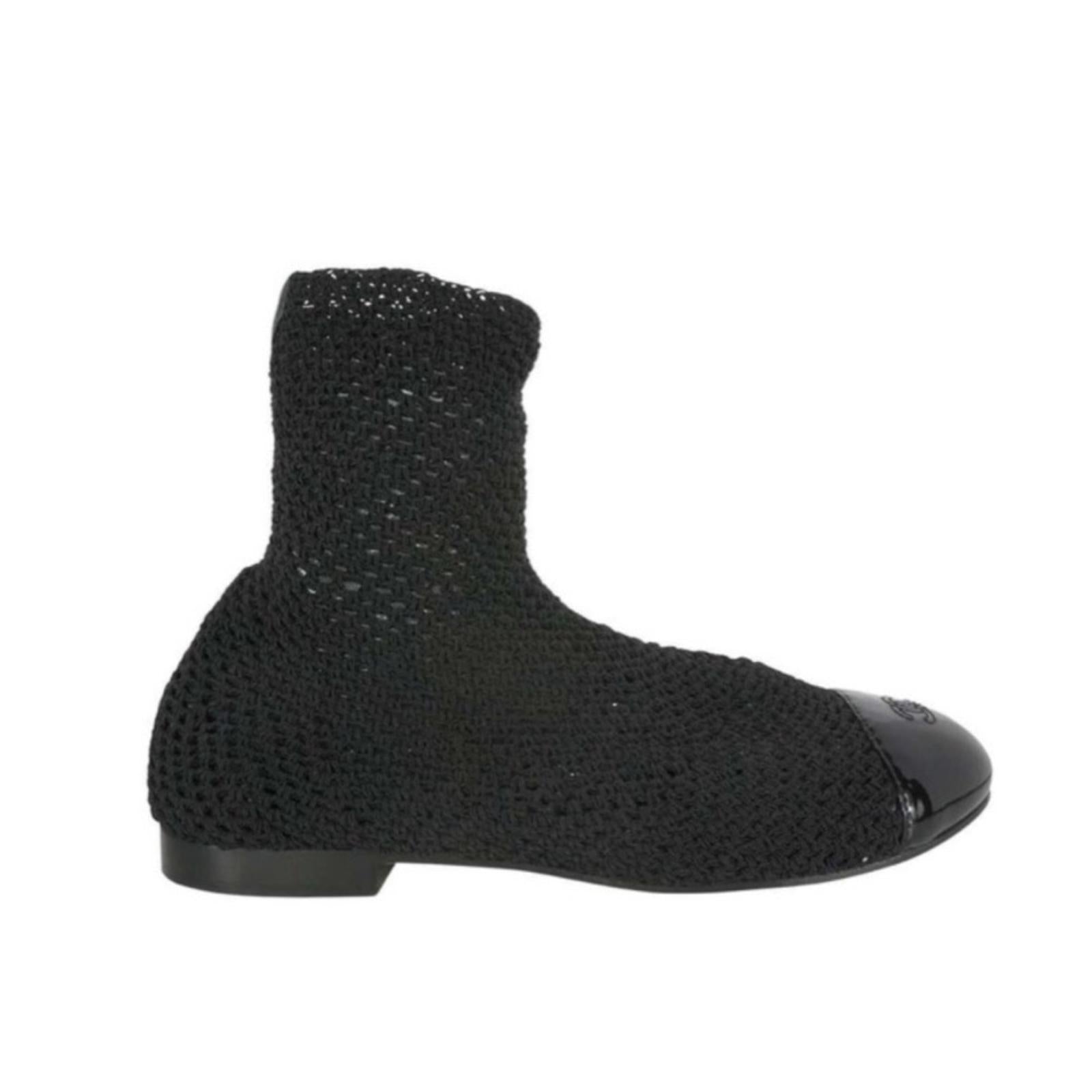 Rare CHANEL Crochet Patent Leather Cap Toe Sock Booties in Black, Size 35