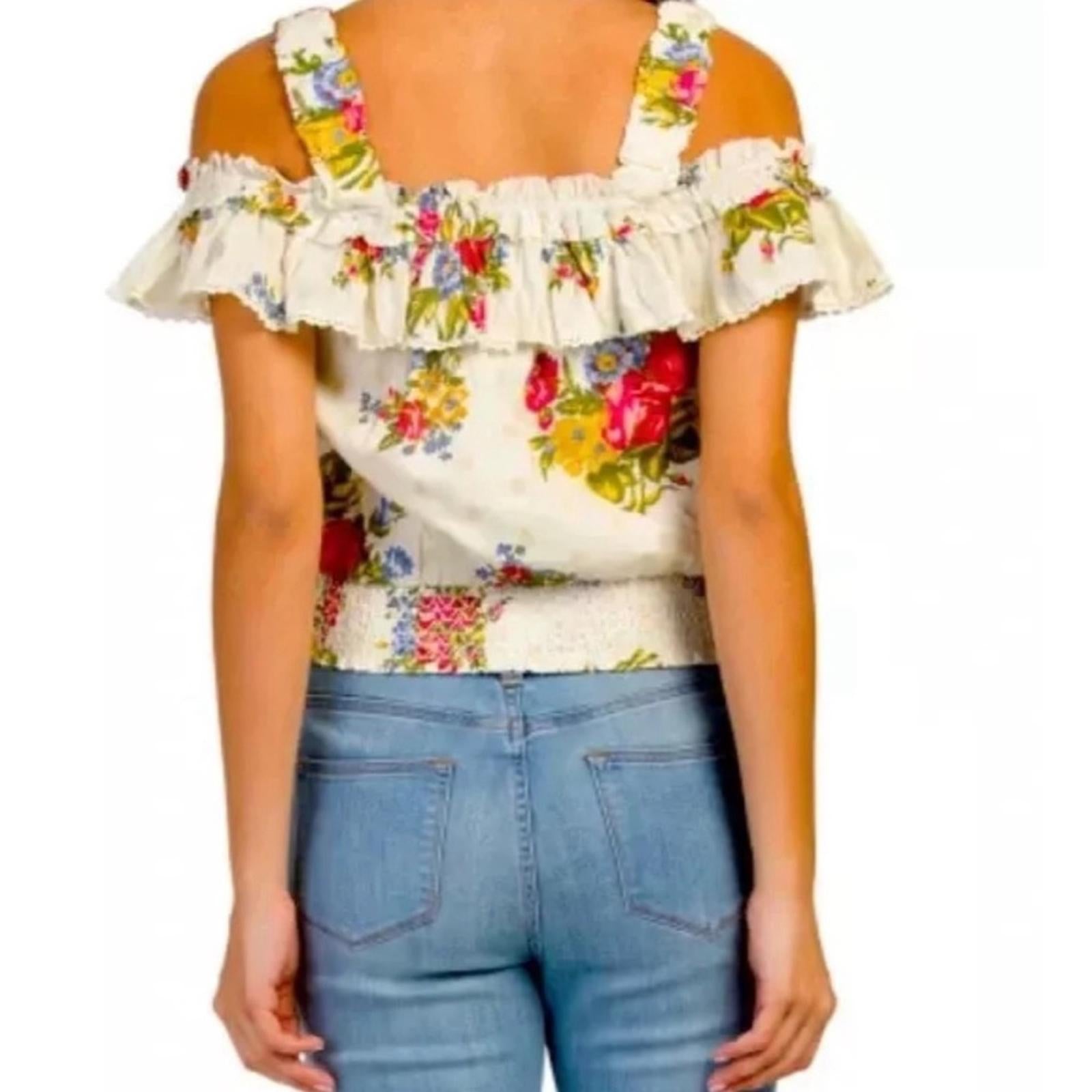 House of Harlow 1960 Helena Crop Top, Ivory Smocked, Ruffled Size M EXCELLENT!