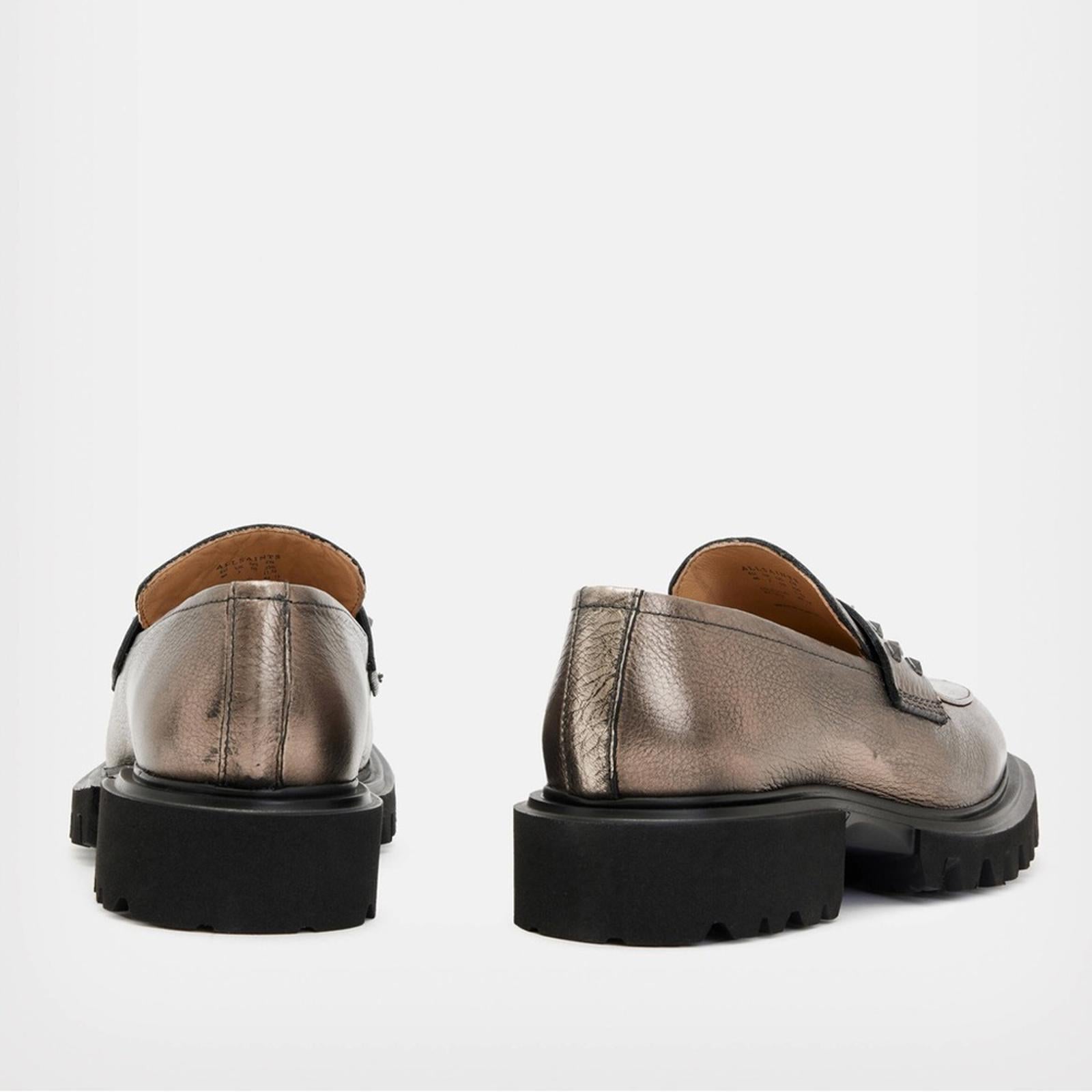 AllSaints Lola Studded Apron Toe Loafers, Pewter Size EU41 (Sold Out) New in Box