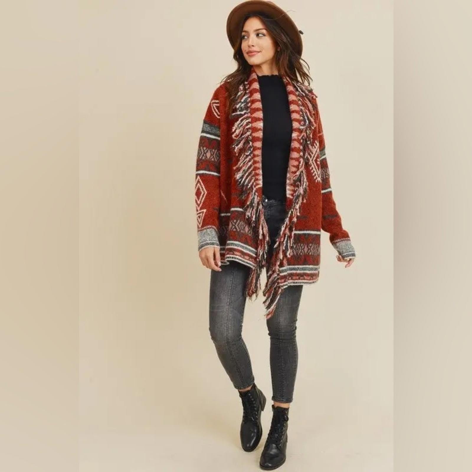 Doe & Rae Aztec Open Front Fringe Cardigan Sweater Brown Multi Size L EXCELLENT!