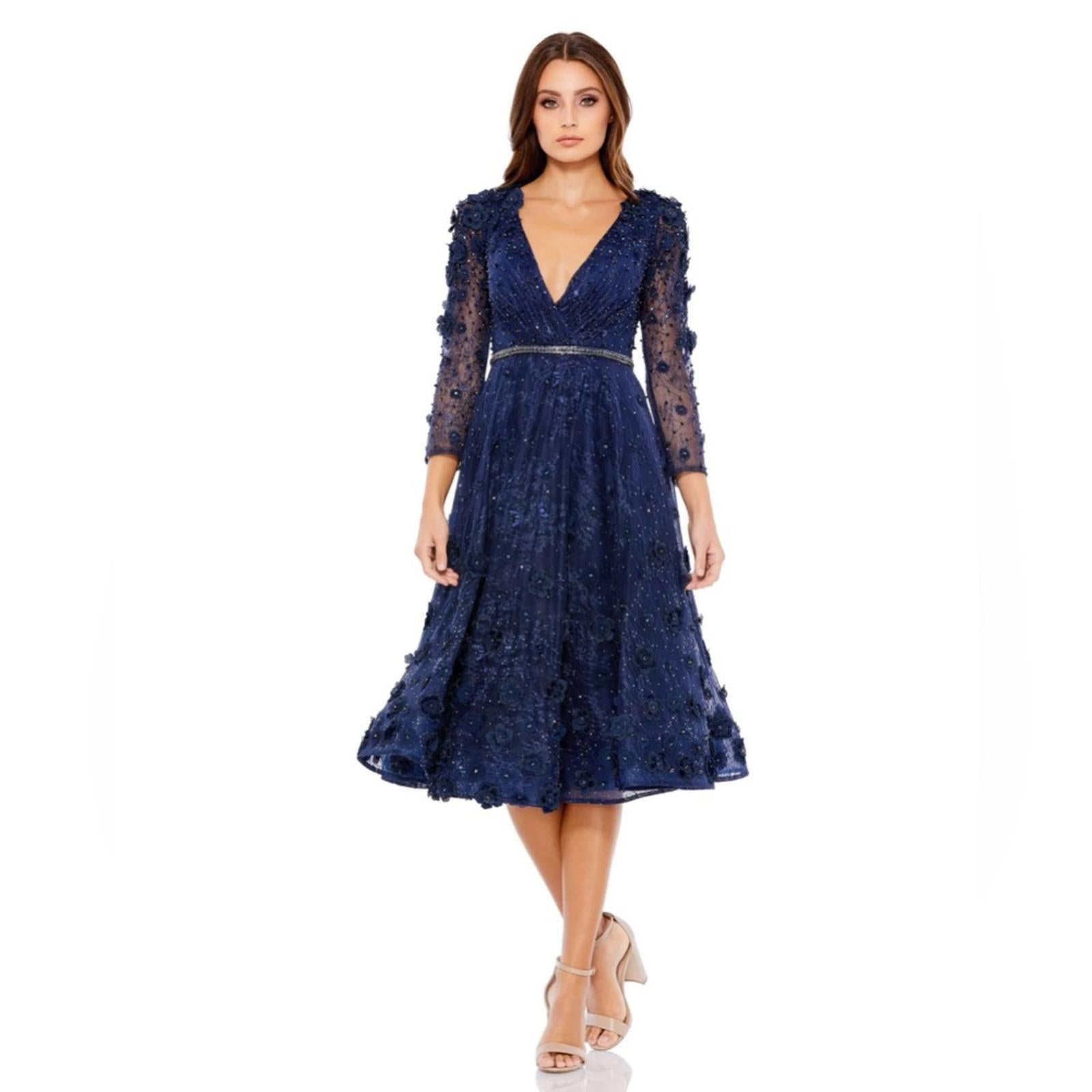 Mac Duggal Fit & Flare Lace Dress w/Floral Appliqués Three-Quarter Sleeve