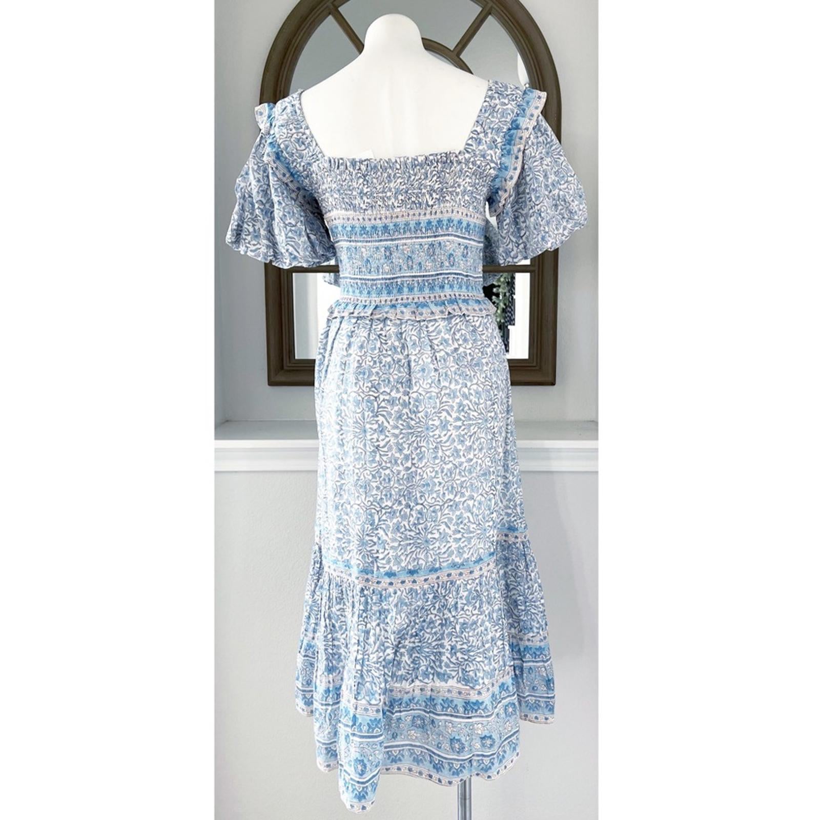 Bell Ashley Ruffled Puff Sleeve Midi Dress in Blue White, Size XL New w/Tag $408