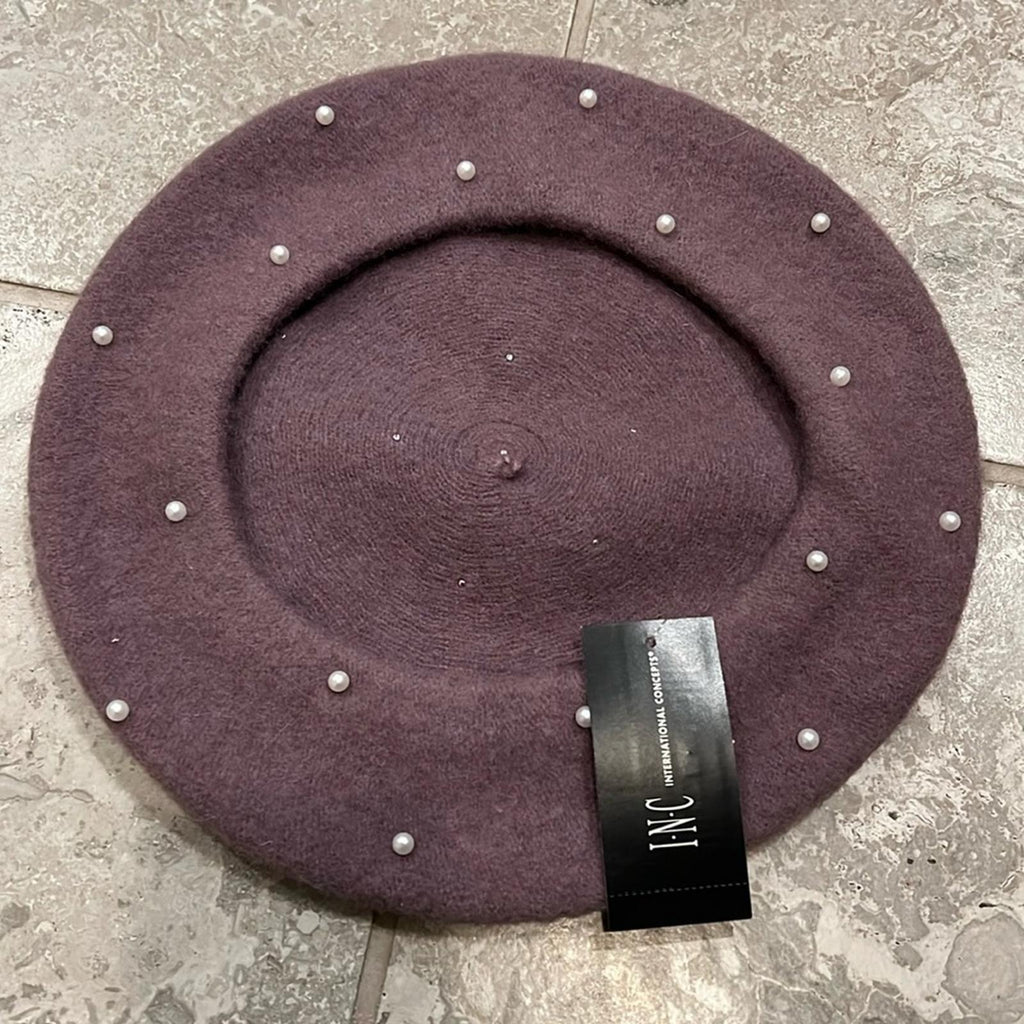 NWT INC Wool Blend Beret Winter Hat w/Imitation Pearl in Mauve, Retail $44.50