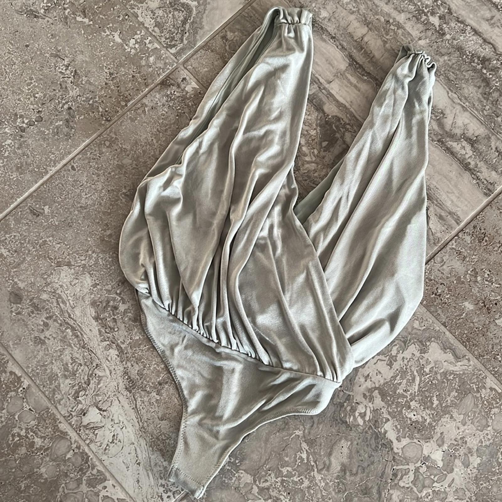 Free People Sateen Oxide Thong Bodysuit, Silver Grey Size L New w/Tag