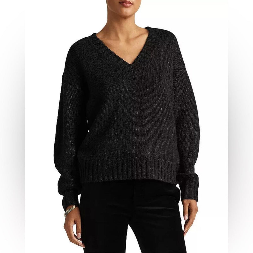 Lauren Ralph Lauren Metallic V-Neck Sweater in Black, Size M New w/Tag