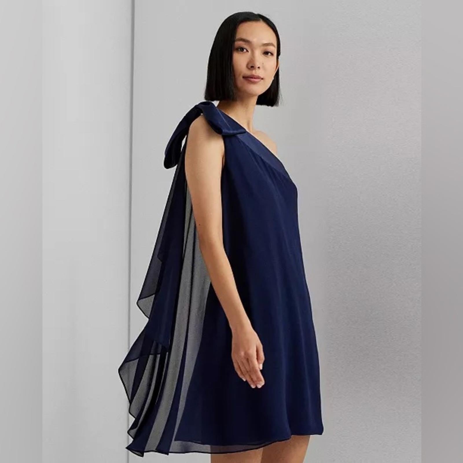 Lauren Ralph Lauren One-Shoulder Satin-Trim Dress in Navy, Size 2, NEW