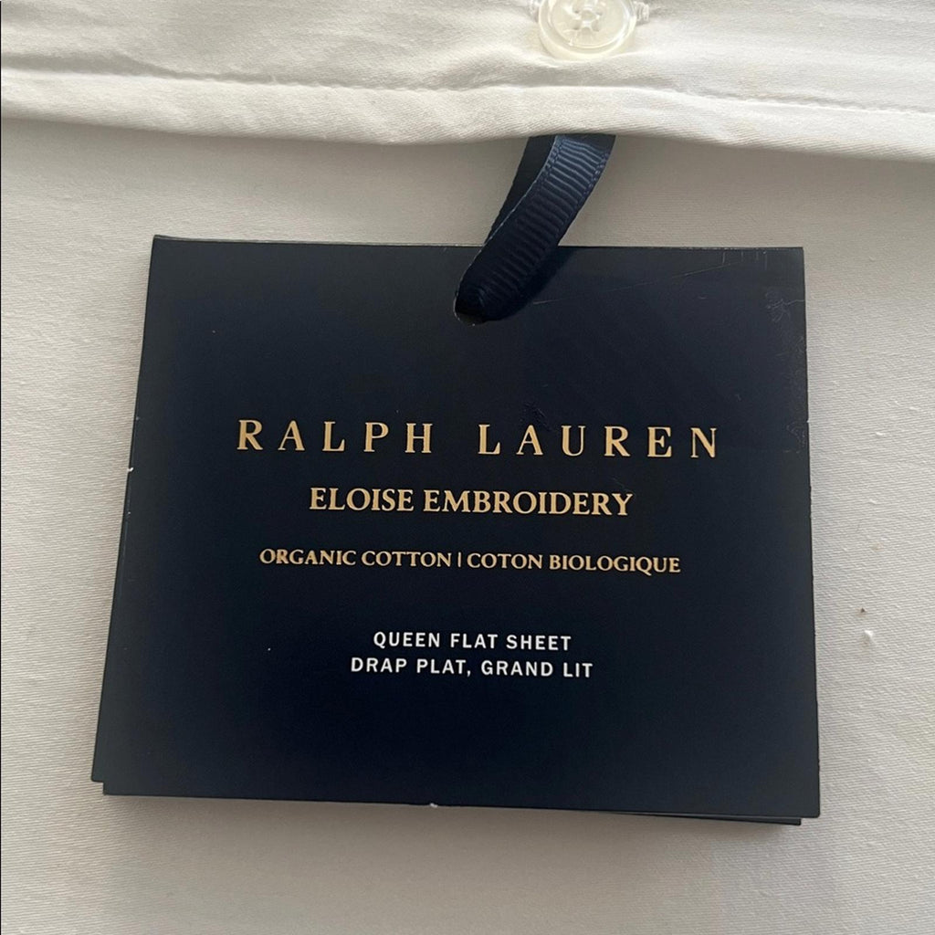 Ralph Lauren Organic Cotton Eloise Embroidery Queen Flat Sheet, Platinum, NEW