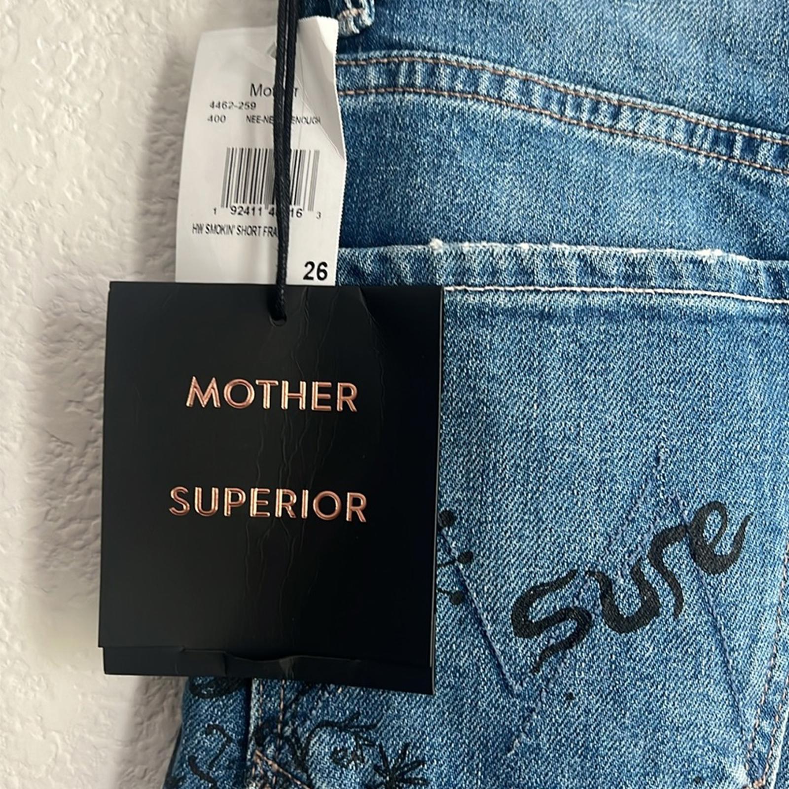 Mother High-Waisted Smokin’ Short Fray Jeans w/Strawberry Patch, Size 26 NWT