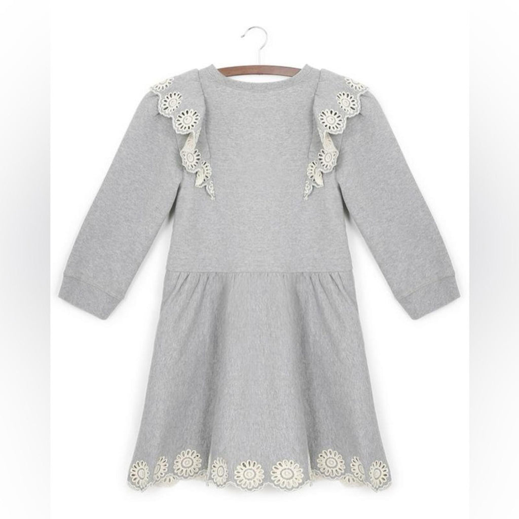 SEA Blaine Openwork Embroidery Adorned Long Sleeve Combo Dress, Grey Size 12Y