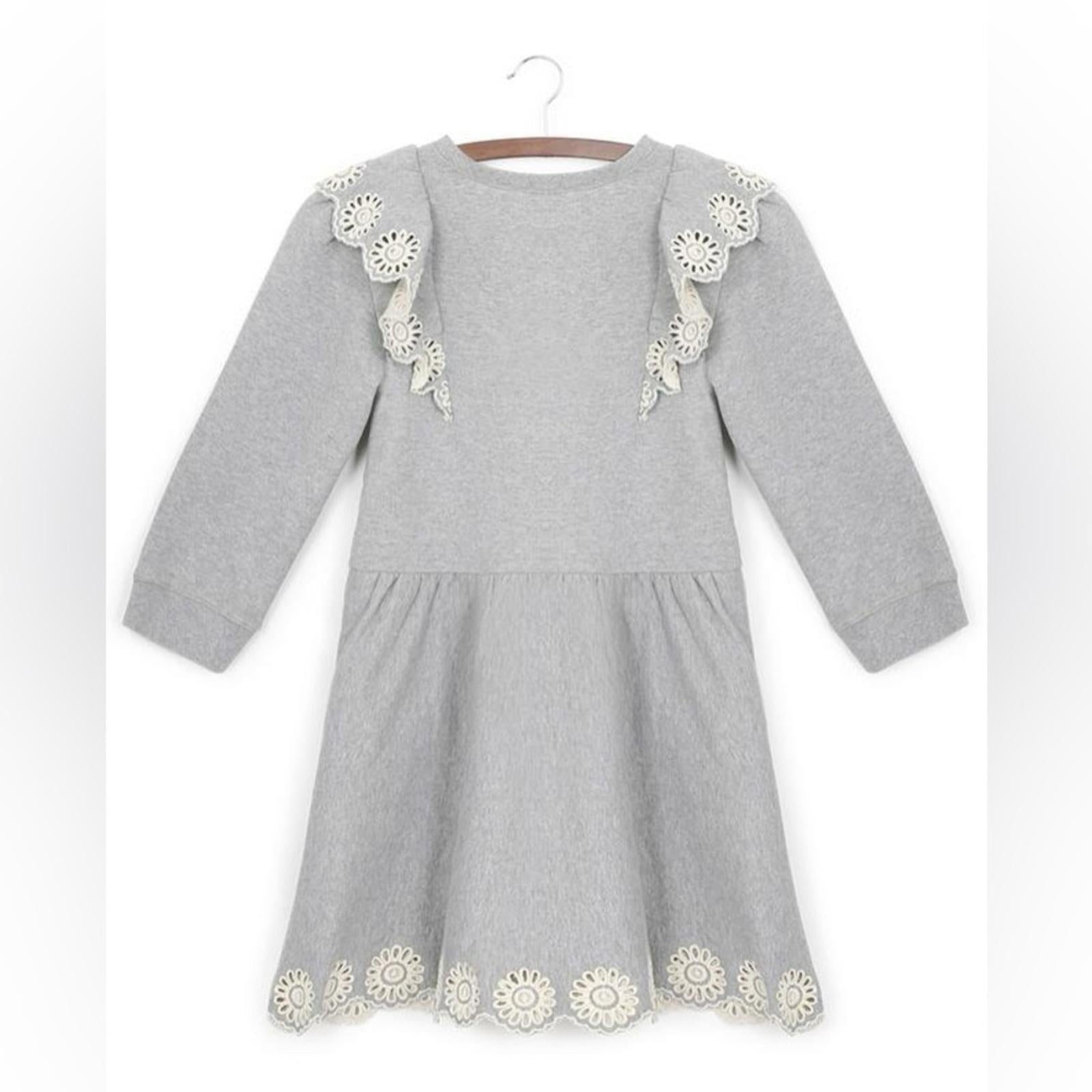 SEA Blaine Openwork Embroidery Adorned Long Sleeve Combo Dress, Grey Size 12Y