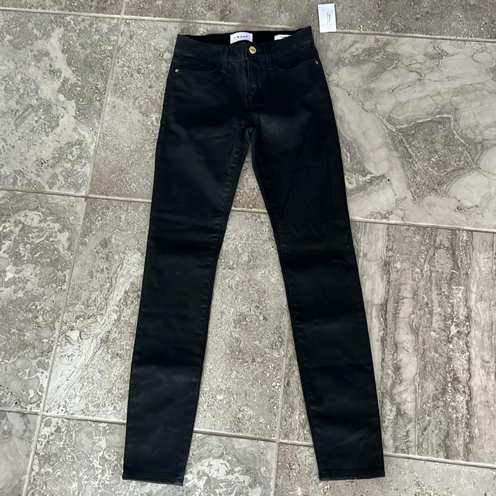 FRAME Le Skinny De Jeanne Jeans in Noir, Coated Denim Size 25 New w/Tag $238