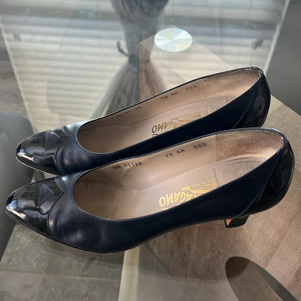 Salvatore Ferragamo Leather Block Heel Shoes, (Made in Italy) Size 10