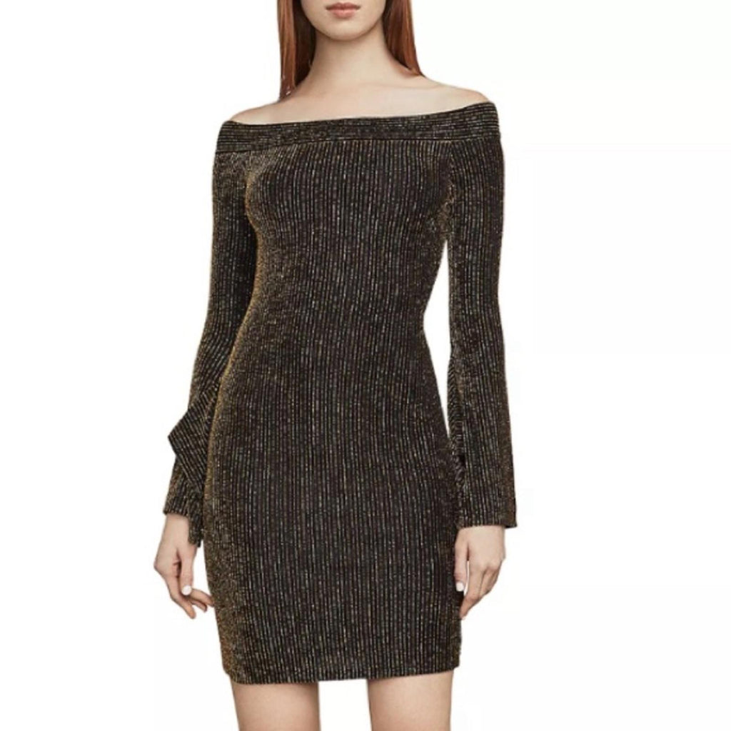 BCBGMaxazria Ellena Metallic Striped Off-the-Shoulder Dress, Size XS New w/Tag