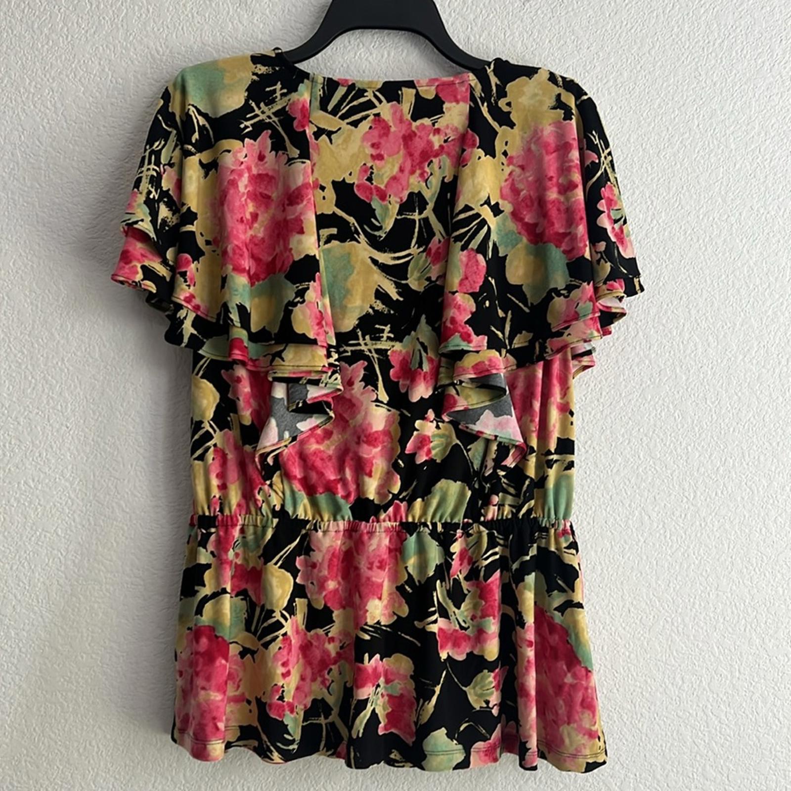Ralph Lauren Floral Ruffle Trim Surplice Jersey Top in Black, NWT, Size L