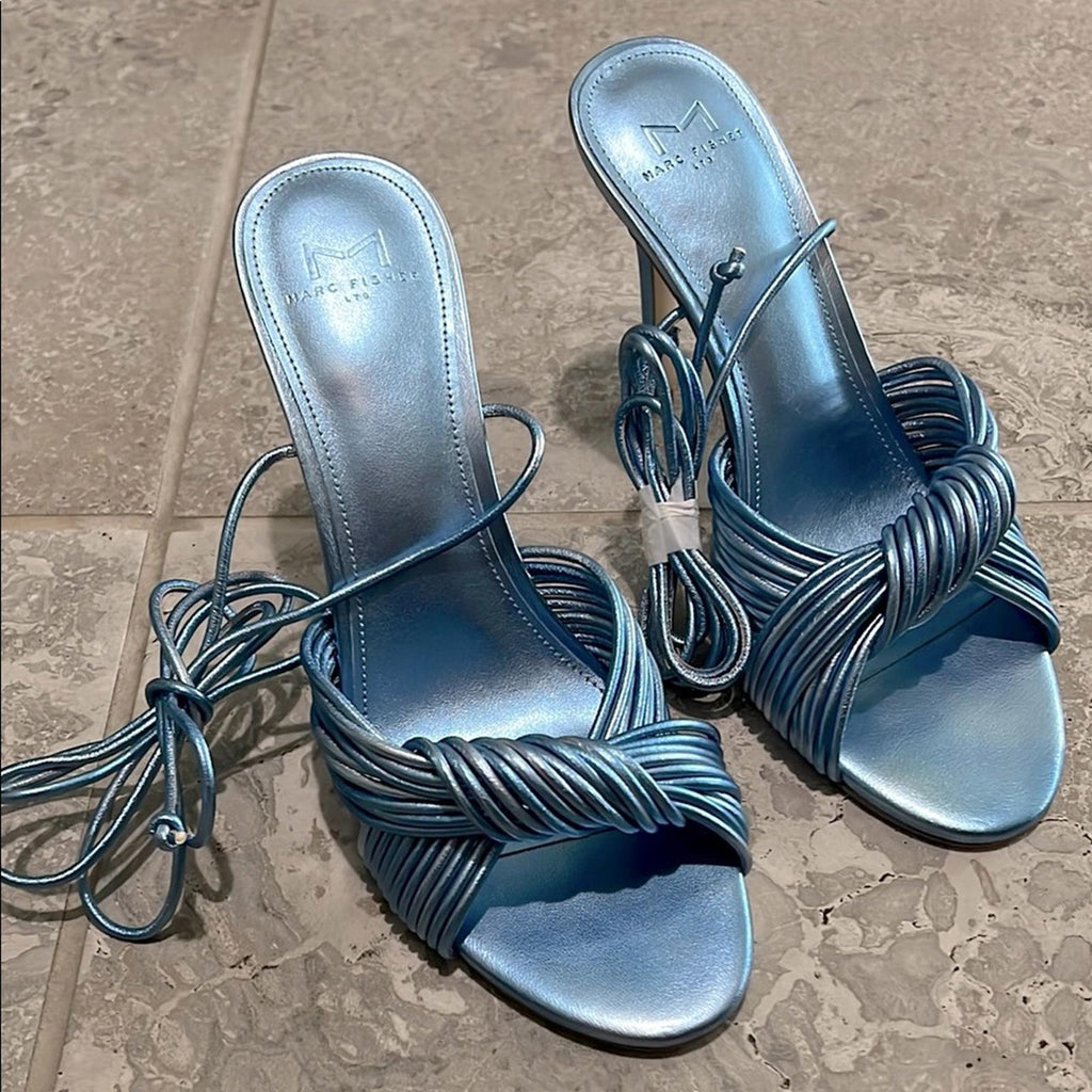 Marc Fisher LTD Brista Metallic Twist Ankle Tie Sandals Lt Blue, NWT, Size 7.5