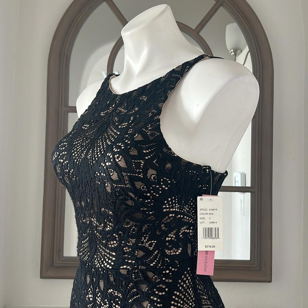 Aqua Lace Halter Midi Dress in Black/Nude, NWT, Size 2, Retail $278