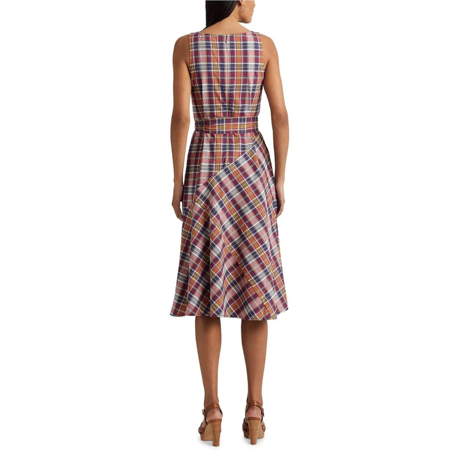 Lauren Ralph Lauren Madras Plaid Belted Midi Dress, Size 18, New w/Tag