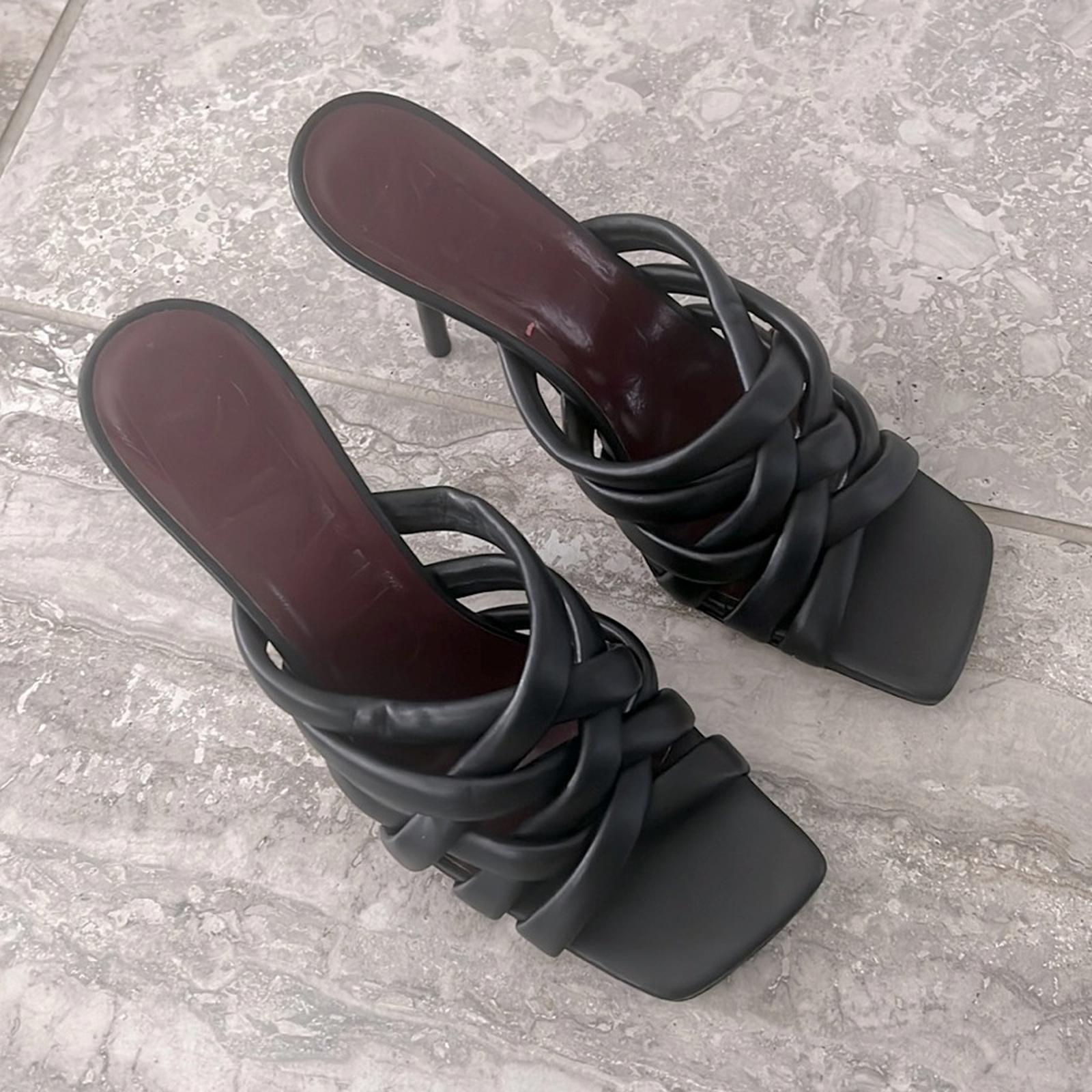 New STAUD Deepwater Square Toe Woven Strappy High Heel Sandals, Black Size 39.5