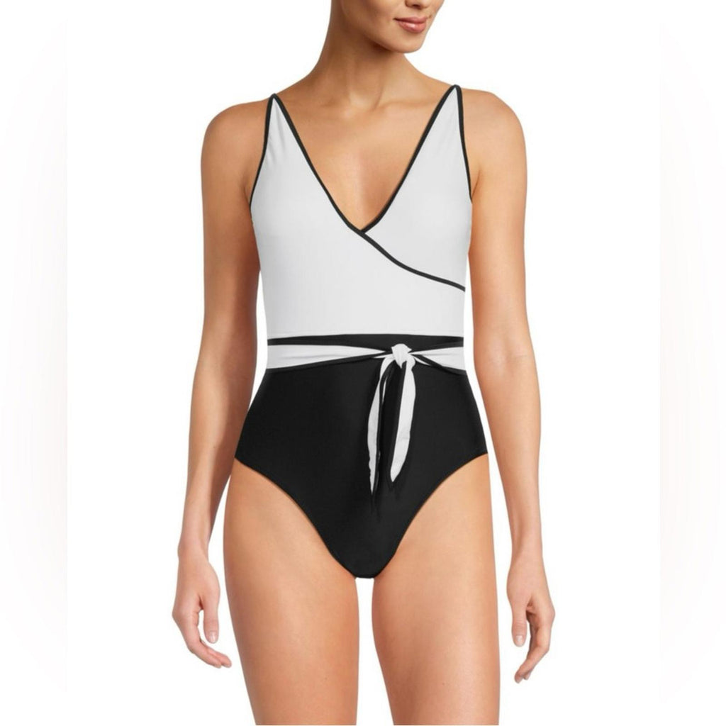 Tommy Hilfiger Colorblock Tie Front One Piece Swimsuit Black/White Size 14 NWT