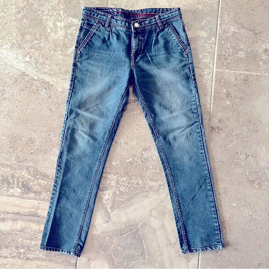 Emporio Armani Blue Jeans w/Leather Patch, Size 32