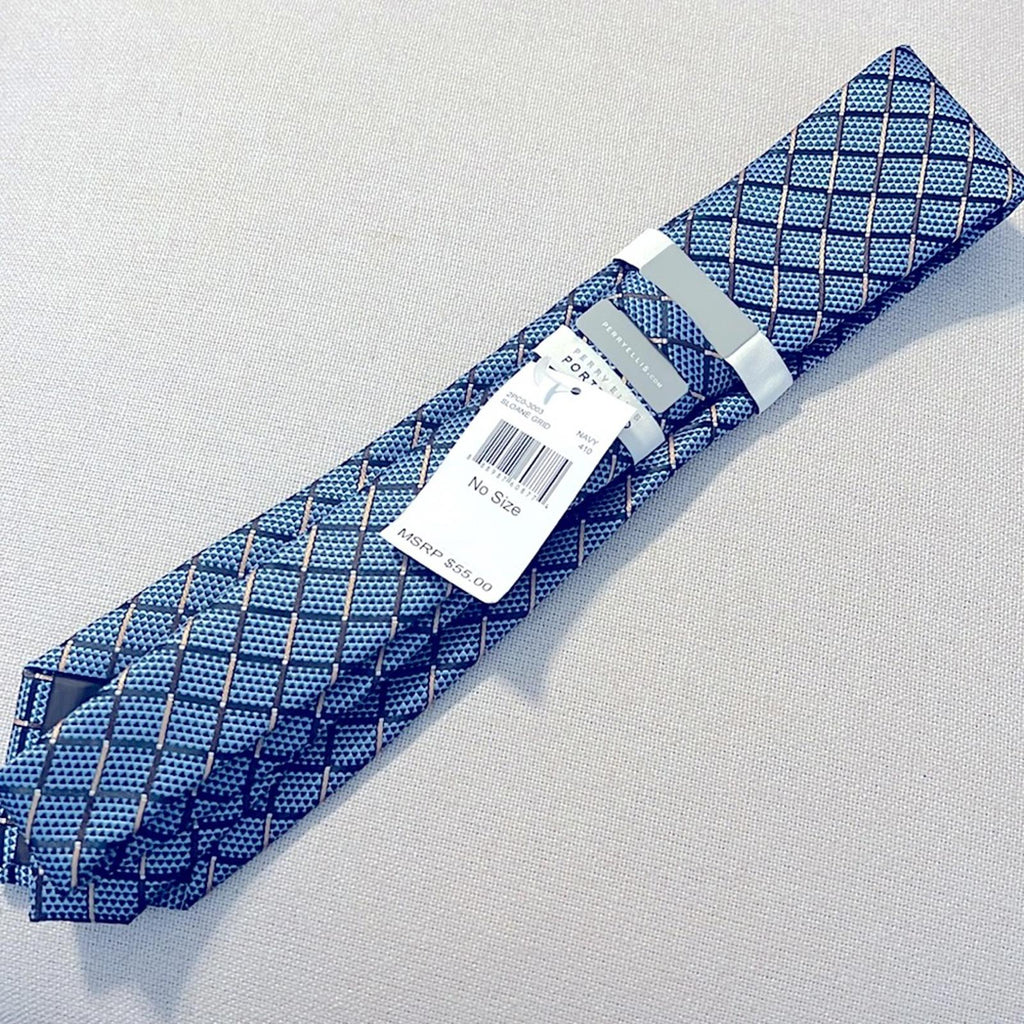 Perry Ellis Portfolio Sloane Grid Navy Neck Tie, New w/Tag