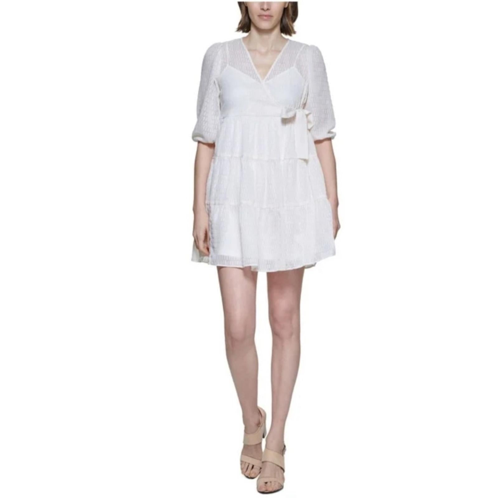 NWT Calvin Klein Side-Tie Belt Pinstripe Tiered Dress, Petite Size 6 Retail $134