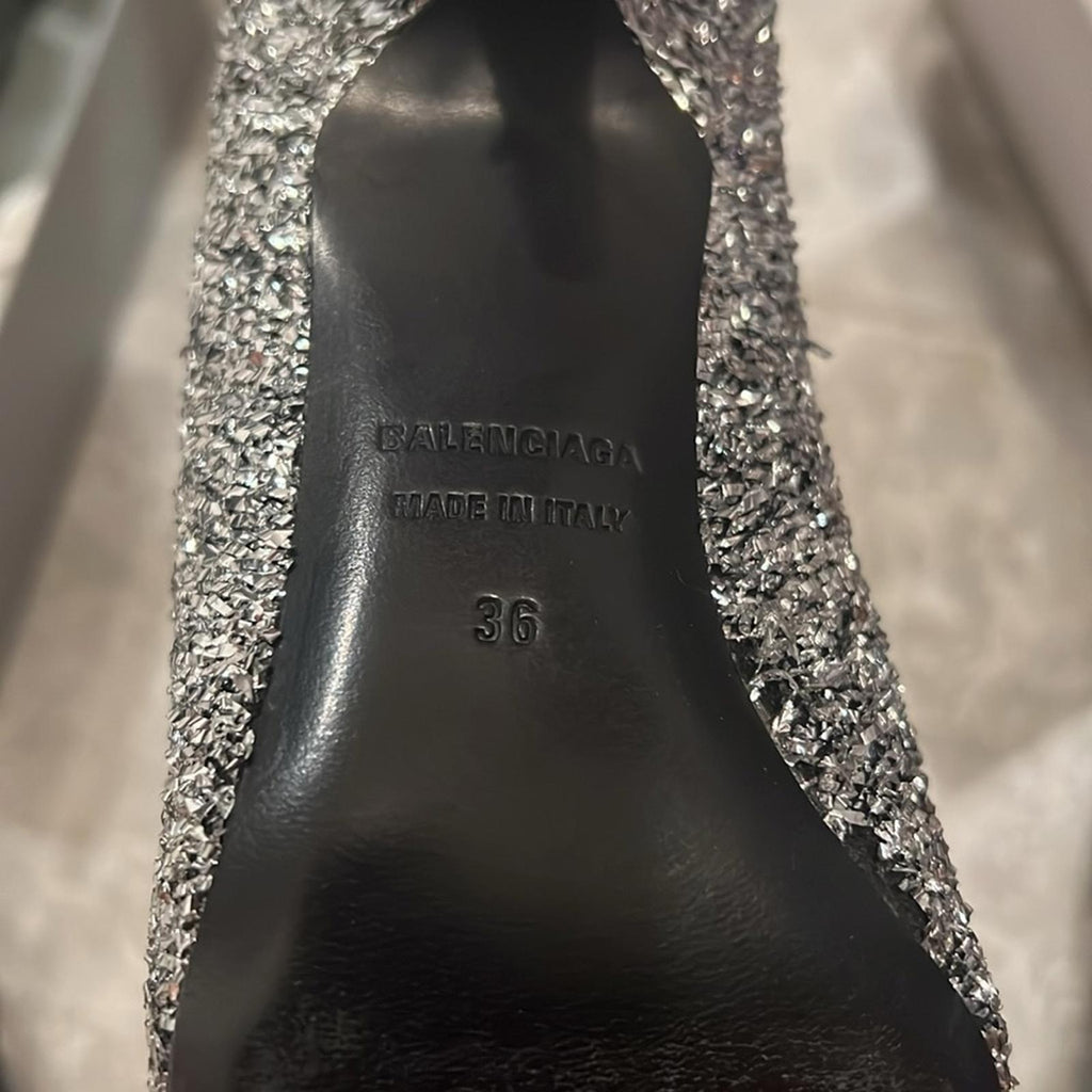 Balenciaga Knife Glitter High Heel Mules in Silver Titanium Size 36 New in Box