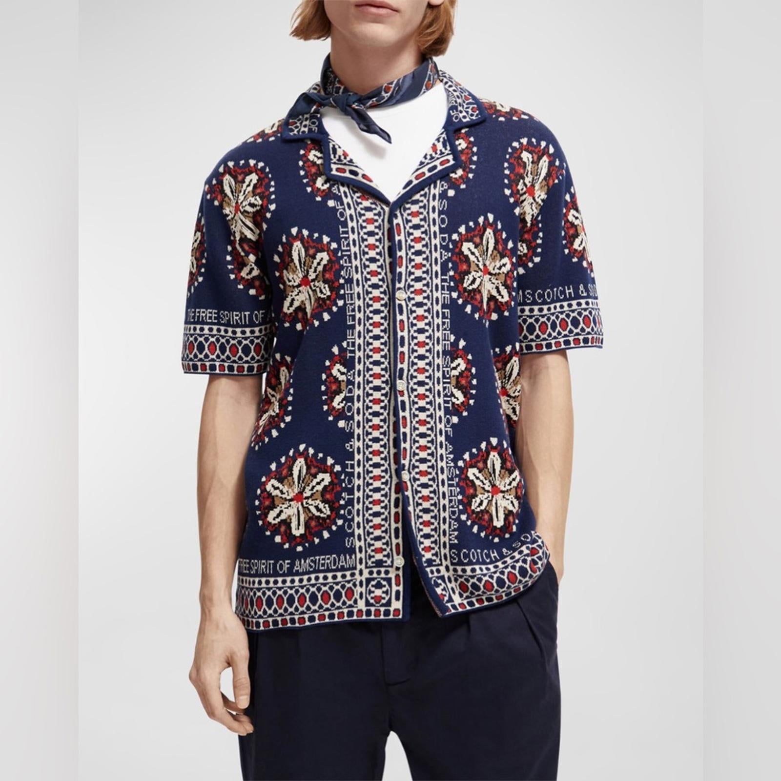 Scotch & Soda Jacquard Short-Sleeve Camp Shirt Textured Pattern Size L New w/Tag