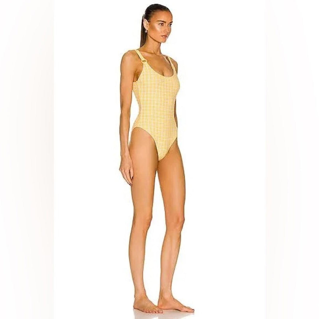 Jonathan Simkhai Rosabel Seersucker Swimsuit, Plaid Daffodil, Size L NWT $275