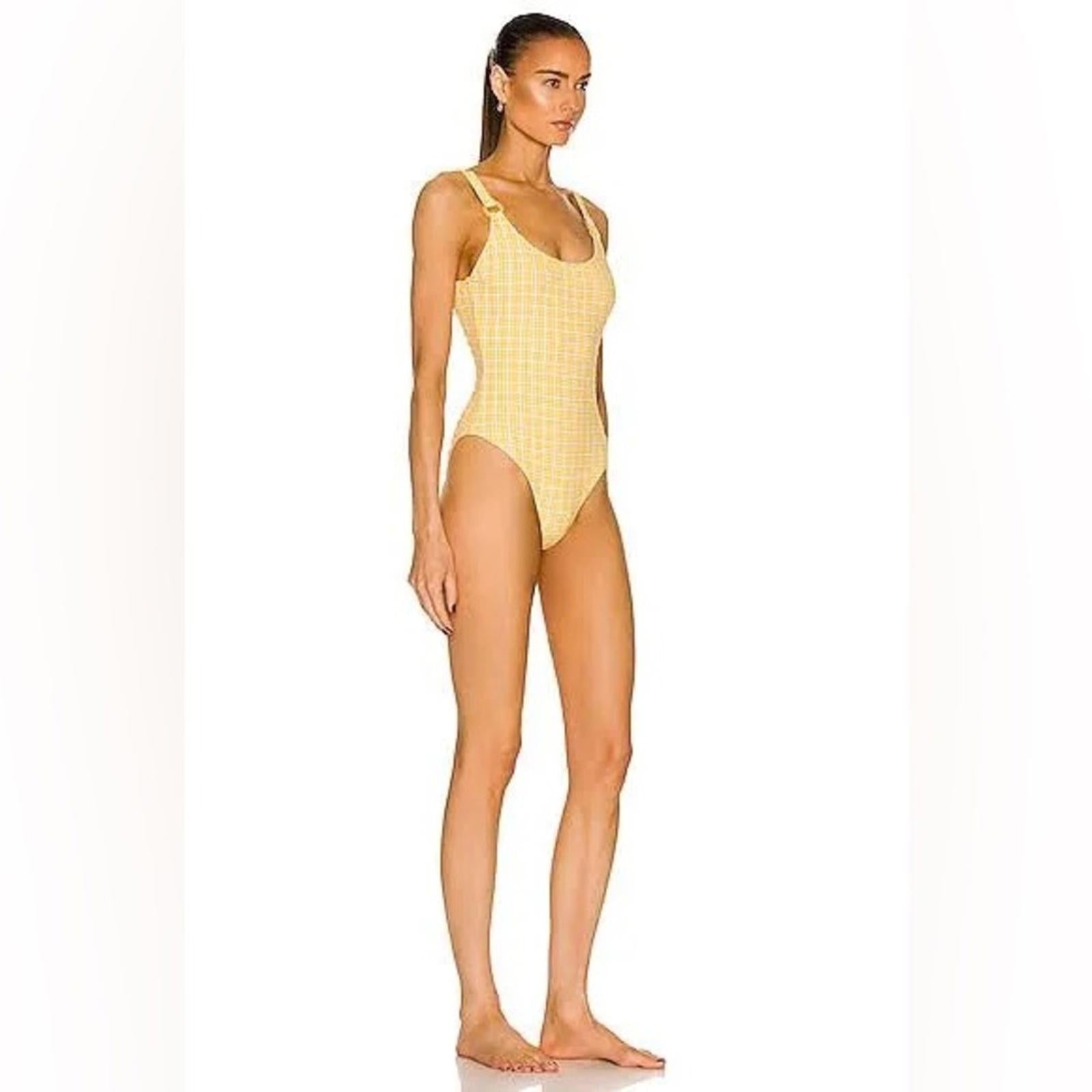 Jonathan Simkhai Rosabel Seersucker Swimsuit, Plaid Daffodil, Size L NWT $275
