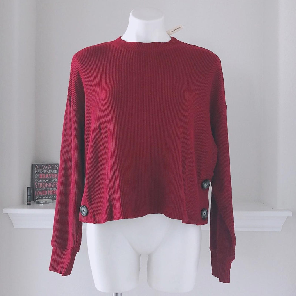 June & Hudson Mock Neck Cropped Sweater in Burgundy, Size XL New w/Tag
