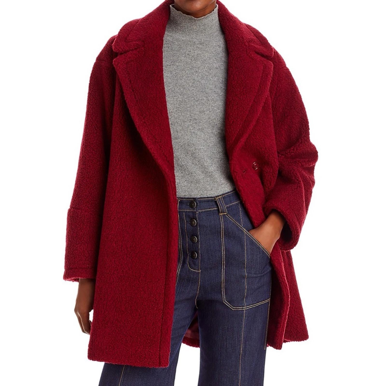 ICONS Cinzia Rocca Wool Teddy Pea Coat in Red, Size 10 NWT $1,005 Made in Italy