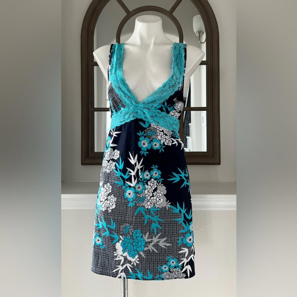 Jones NY Floral Lace Trim Lingerie Satin Sleepwear Dress, Size XL Blue Multi