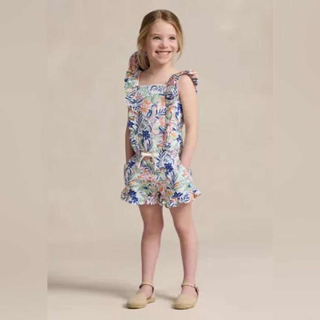 Polo Ralph Lauren Tropical-Print Ruffled Cotton Romper, Size M(8-10) NEW w/Tag
